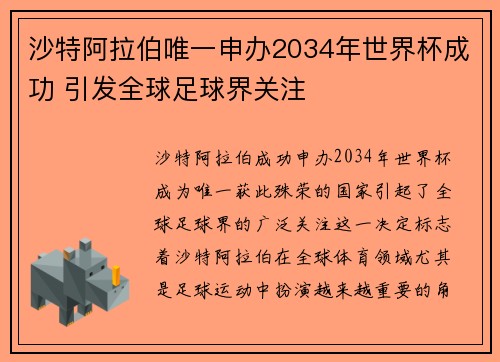 沙特阿拉伯唯一申办2034年世界杯成功 引发全球足球界关注 沙特阿拉伯唯一申办2034年世界杯成功 引发全球足球界关注
