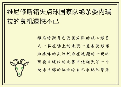 维尼修斯错失点球国家队绝杀委内瑞拉的良机遗憾不已